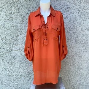 Haute Project Los Angeles Orange Chiffon Lace Up Blouse